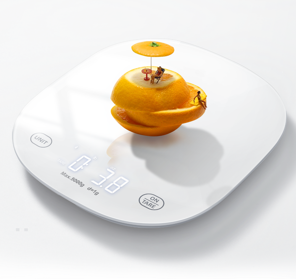 Yolanda 21001 kitchen scale white product shot with orange